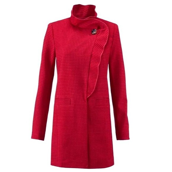 Cabi Celebration Houndstooth Ruffle Longline Jacket Women Large Red Square Ponte - Picture 1 of 14